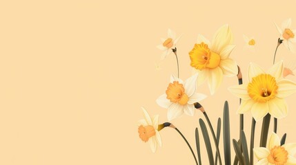 illustration of blooming daffodils. Flowers with white petals and bright orange centers stand out against a warm golden background. The image is bright and filled with the joy of spring.