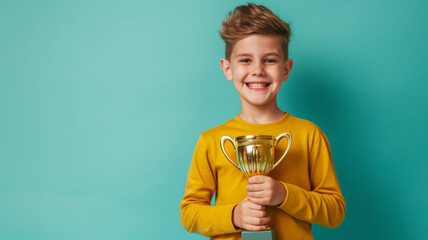 Joyful boy holding a golden cup. First place award.