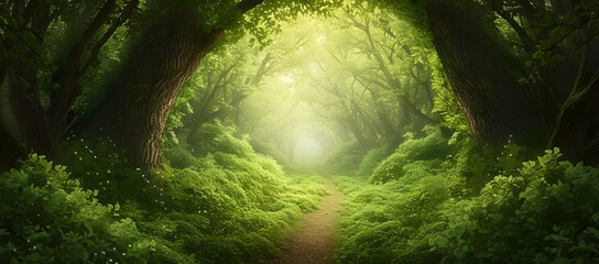 A vibrant green lush forest with numerous trees, rich grass, and sunlight creating exotic fantasy landscapes. The scene evokes the essence of Southeast Asia's deep tropical jungles.