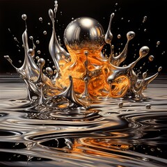 A surreal scene of liquid mercury cascading over a solid, metallic background