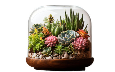 Glass Terrarium with Succulents on Side Table Isolated against White Background