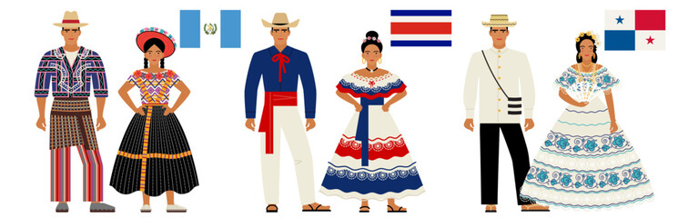 flags and national costumes of Central American countries