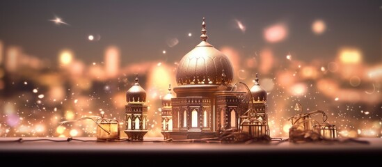 Elegant Ramadan Kareem background with mosque and golden lights. - obrazy, fototapety, plakaty