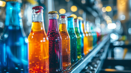 Bottles of multi-colored drinks on a conveyor belt.