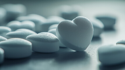 Close-up of small heart pills.