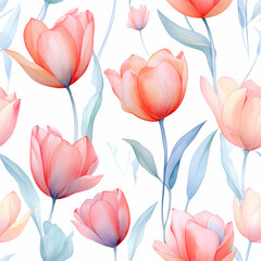 Delicate watercolor flower tulip buds on white background, seamless painting, wallpaper graphic design, stationery print