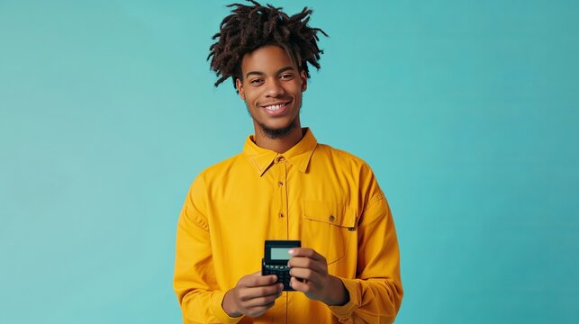 Young man of African American ethnicity 20s wears a yellow shirt hold wireless modern bank payment terminal to process acquire credit card payments isolated on light blue background studio.