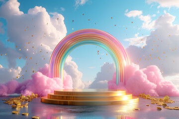 3d Saint's Patrick Day themed empty product display podium featuring a radiant rainbow arching over a golden platform surrounded by floating gold coins and whimsical pink clouds against a blue sky.