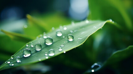 A plant leaf with a blurred background of a garden and a droplet of water reflecting light is pearling along the leaf. Generative AI