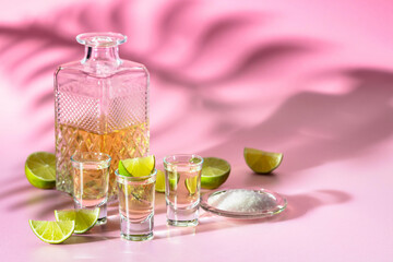 Tequila with salt and lime slices on a pink background.