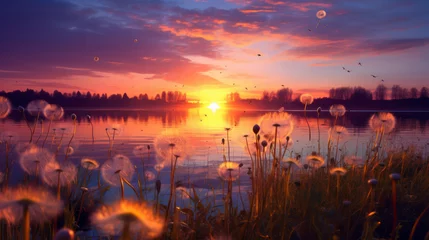 Foto op Plexiglas A photo of sunset, dandelions blowing in the wind, fantastic realism. Generative AI © TOTO
