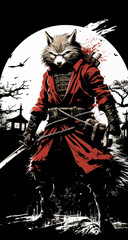 Fototapeta premium feline warrior with a full moon, black red and white, background for cellphones, mobile phone.