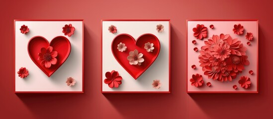 Paper art of red heart and flowers on red background. Valentines day concept