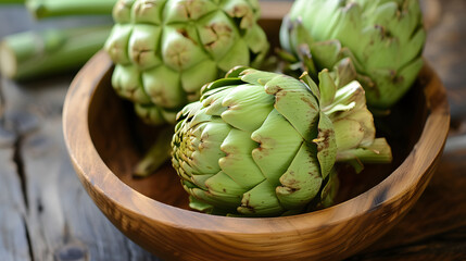 Obraz premium Fresh Artichokes in Wooden Bowl on Rustic Table