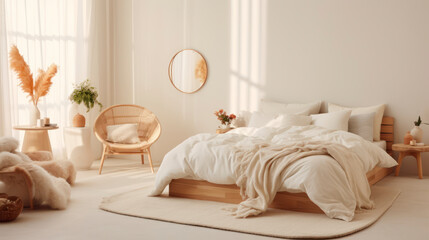 Cozy Bedroom with Comfortable Furniture and Cushions. Generative AI