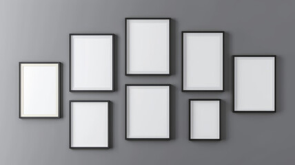 Composition of photo frames on a gray wall.