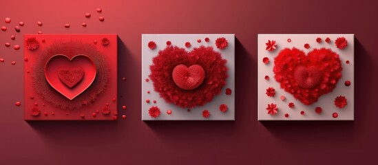 Paper art of red heart and flowers on red background. Valentines day concept