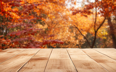 Naklejka na ściany i meble Empty wooden kitchen table over autumn maples background. mock up for design and product display.