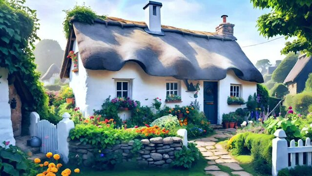 Beautiful house with thatched roof in butterfly garden 3d rendering illustration