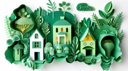 Concept of thinking green. Illustration in the style of paper cut - obrazy, fototapety, plakaty