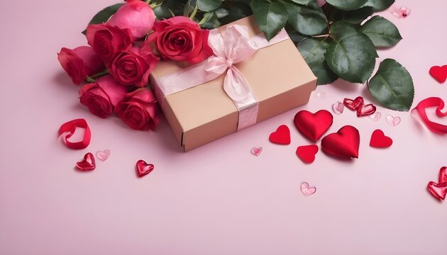 gift box and rose petals on Valentine's Day. Ai Generative