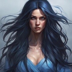 portrait of a woman with long hair and blue eyes