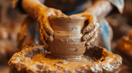 Artisan Crafting Pottery: Close-Up of Hands Shaping Clay on Wheel - obrazy, fototapety, plakaty
