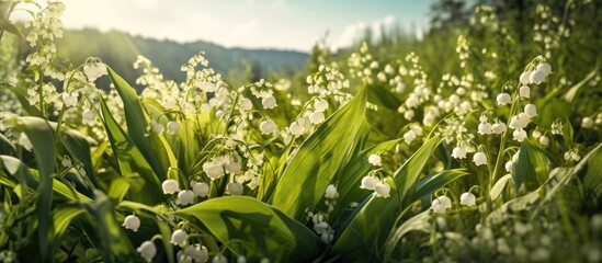 Lily of the valley in the forest. Spring landscape with lilies of the valley.