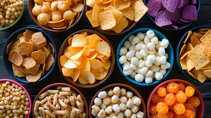 Assorted Snack Bowls Variety on Dark Background