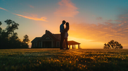 Imagine a couple embracing in front of their new home at sunrise, their silhouettes casting long shadows on the dewy lawn The sky, a vivid canvas of oranges and pinks, contrasts beautifully wit - obrazy, fototapety, plakaty