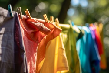 Rainbow-colored shirts hanging on a clothesline