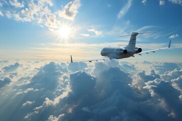 Concept of business travel, a luxury private jet soaring in the blue sky - obrazy, fototapety, plakaty