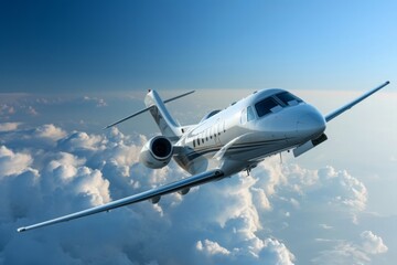 Fototapeta na wymiar Concept of business travel, a luxury private jet soaring in the blue sky