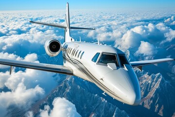 Fototapeta premium Concept of business travel, a luxury private jet soaring in the blue sky