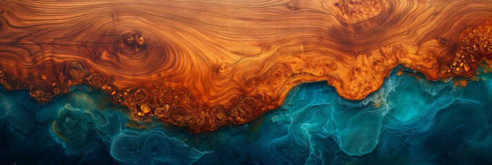 Abstract wood and colored epoxy resin texture background. Captivating image for printing. Contemporary art. Intricate details. Rich colors