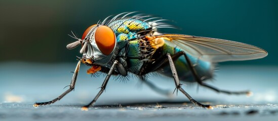 A macro photograph showcasing a close-up of an arthropod, a fly, with its eye, wings, and membrane-winged structure visible on a table. - obrazy, fototapety, plakaty