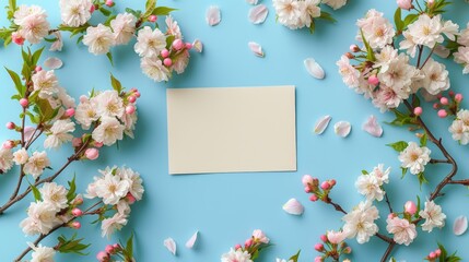 Elegant cherry blossoms surrounding a blank white card on a soft blue background, perfect for spring invitations or announcements