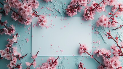 Elegant cherry blossoms surrounding a blank white card on a soft blue background, perfect for spring invitations or announcements