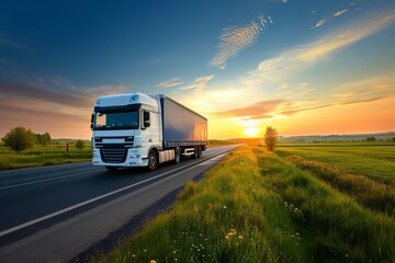 Moving countryside road with a blue trailer white truck and sunset sky