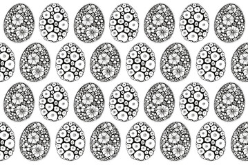 Pattern of Easter eggs filled with floral ornament. Two types of Easter eggs. Realistic and decorative flowers. Drawing with a black outline. White background. Doodle. Arranged in a checkered pattern.