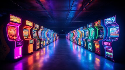Vibrant neon arcade machines in row