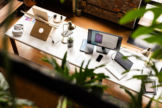 A modern office setup showcases a clean, casual business workspace