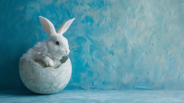 A charming gray rabbit surrounded by mysterious textured eggs in a field, symbolizing the spring and Easter holidays