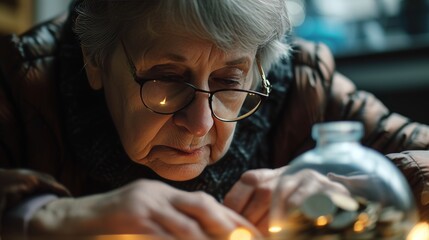 old woman counting coins from a jar financial problem in old age