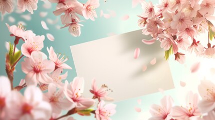 Fototapeta na wymiar Elegant cherry blossoms surrounding a blank white card on a soft blue background, perfect for spring invitations or announcements