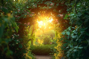 Sunlit garden entrance with magical tree backdrop