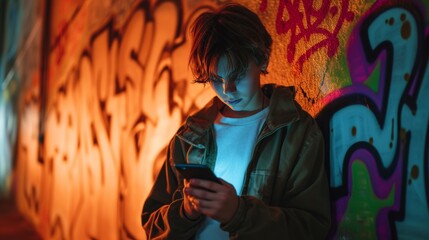 Obraz premium teenage boy experiencing cyberbullying graffiti wall backdrop