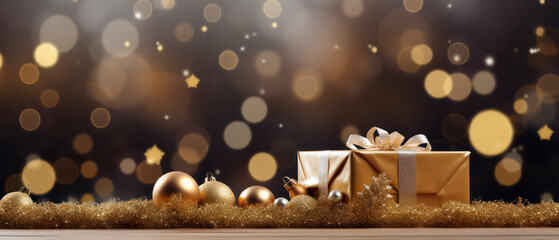 Beautiful Christmas banner with Christmas decorations, gift boxes, sparkling bokeh, christmas tree branches on wooden background. Generative AI