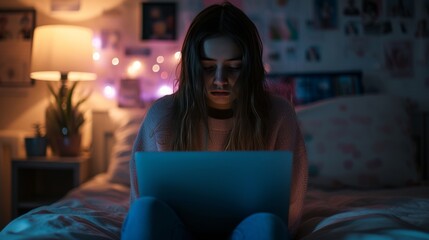 teenage girl face cyberbullying comments sitting alone in bedroom - obrazy, fototapety, plakaty