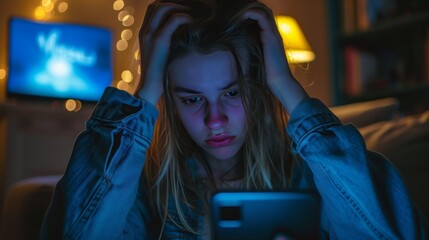 stress woman staring at smartphone with impact of cyberbullying